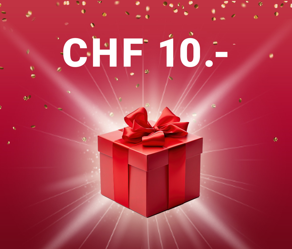 CHF 10.- Gutschein als Geschenk – rotes Präsent mit Schleife und Konfetti für Aktionen, Rabatte und Newsletter-Angebote
