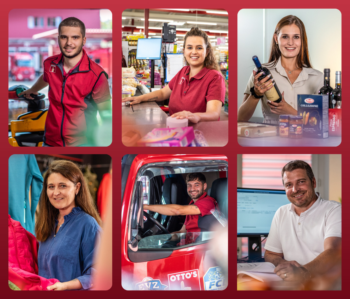 Moodboard mit freundlichen Mitarbeitenden aus Verkauf, Logistik und Büro – vielseitige Jobs im Einzelhandel und Service.